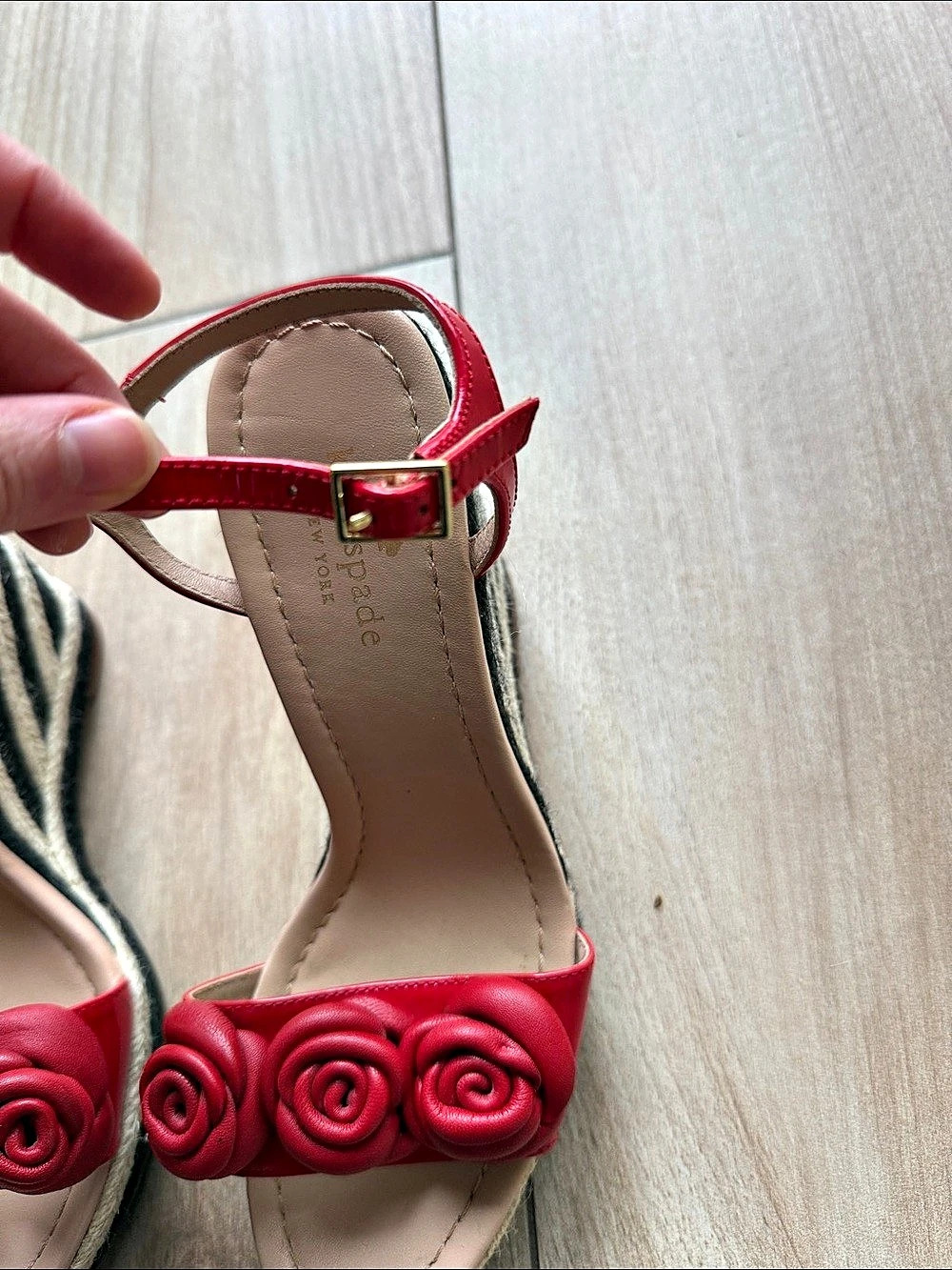 Kate Spade New York Jill Espadrille Wedge Red Rose Striped Sandals Twee - Picture 5 of 8
